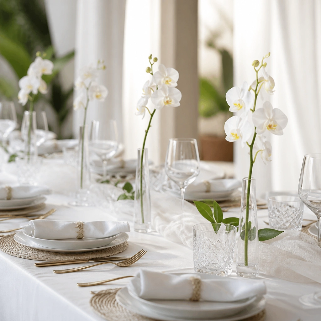 Individual small orchid stems in slim vases placed at each place setting, with a soft white table runner and a few green leaves tucked between.