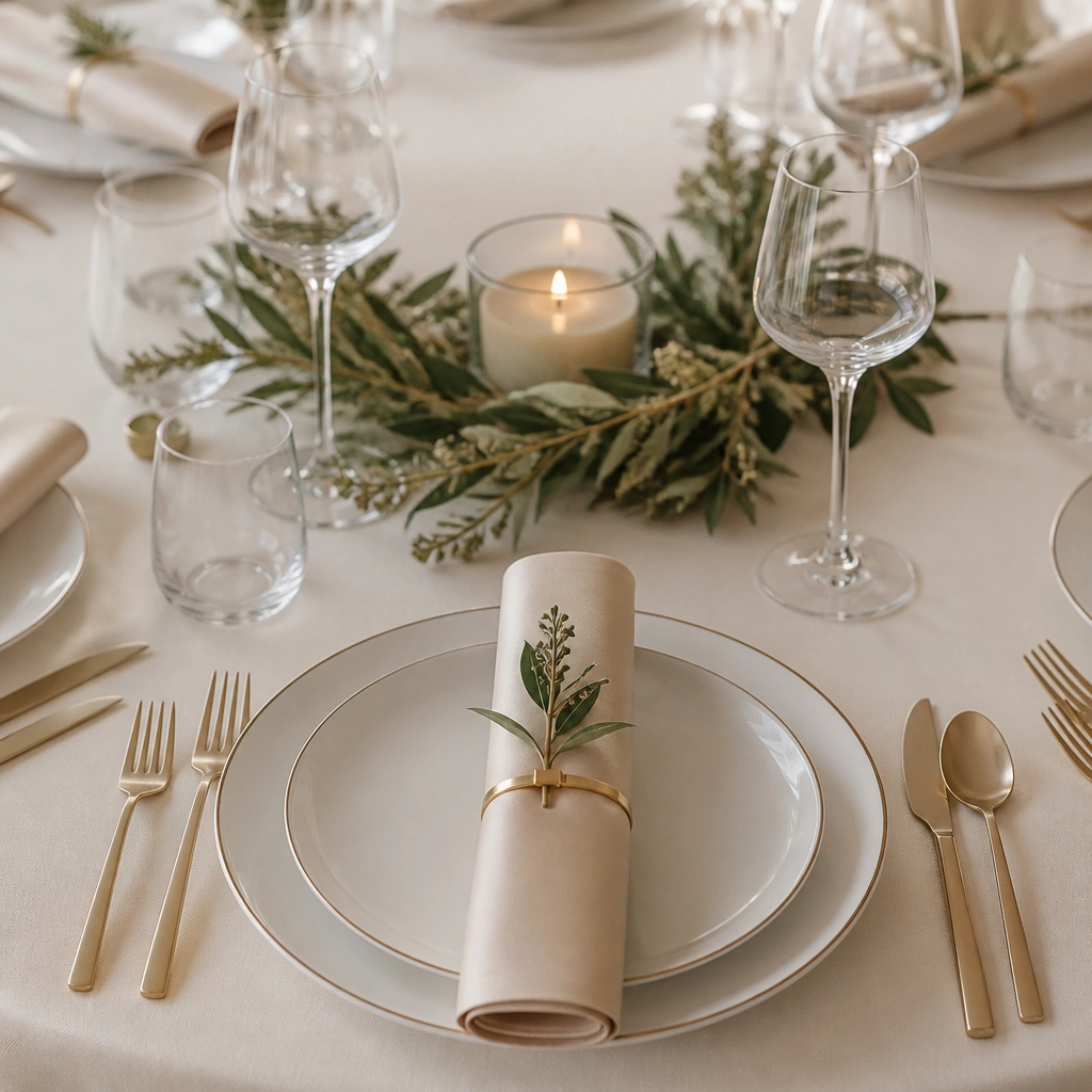 Champagne satin napkins wrapped into cylinders with a tiny sprig tucked through a small gold clip, paired with a low candle at the center.