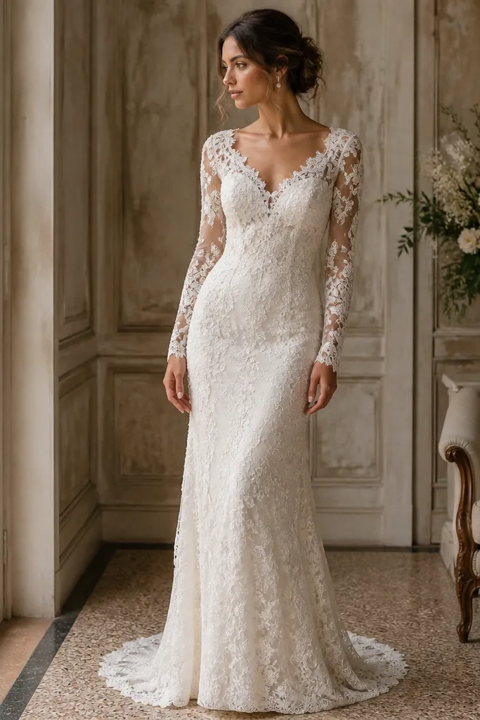 A fitted long-sleeve wedding dress in ivory with corded lace floral texture, sheer illusion sleeves, and a sleek column silhouette; the neckline is a delicate V with lace edging.