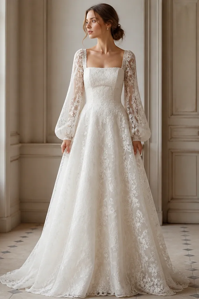 An A-line long sleeve wedding dress in soft ivory featuring lace overlay, dramatic bishop sleeves with gentle volume, and a fitted bodice with a modest square neckline.