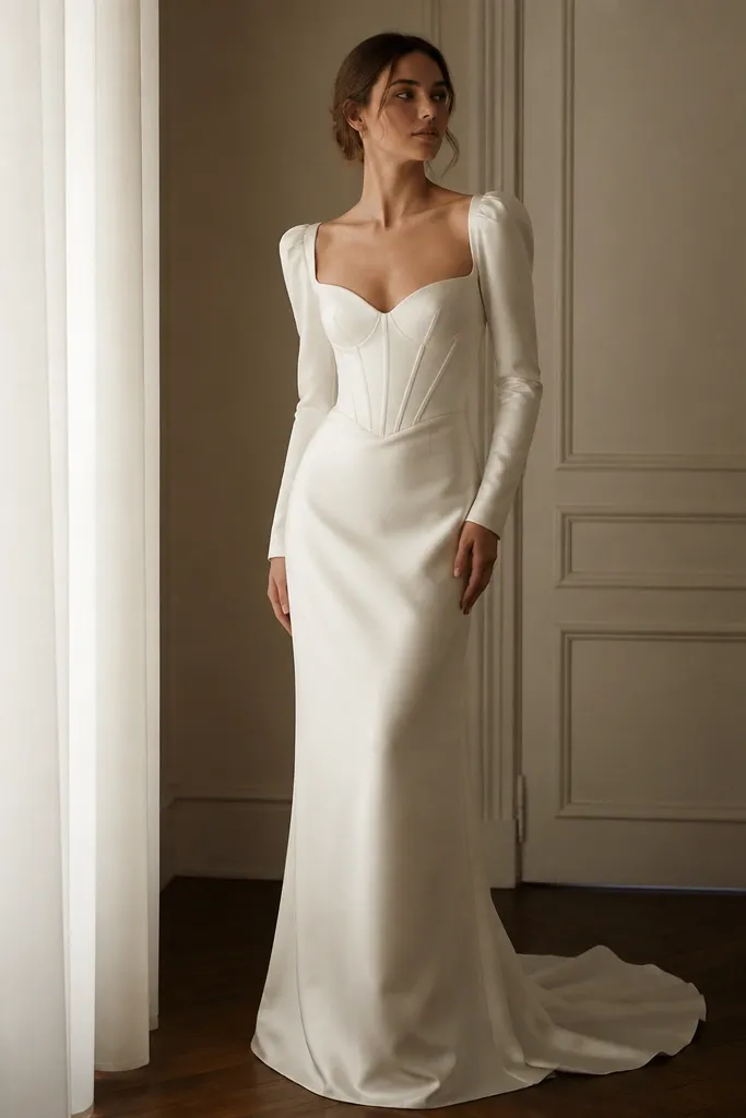 A smooth ivory satin wedding dress with a sweetheart neckline and fitted long sleeves; the bodice is boned, and the skirt falls straight with a subtle sheen.