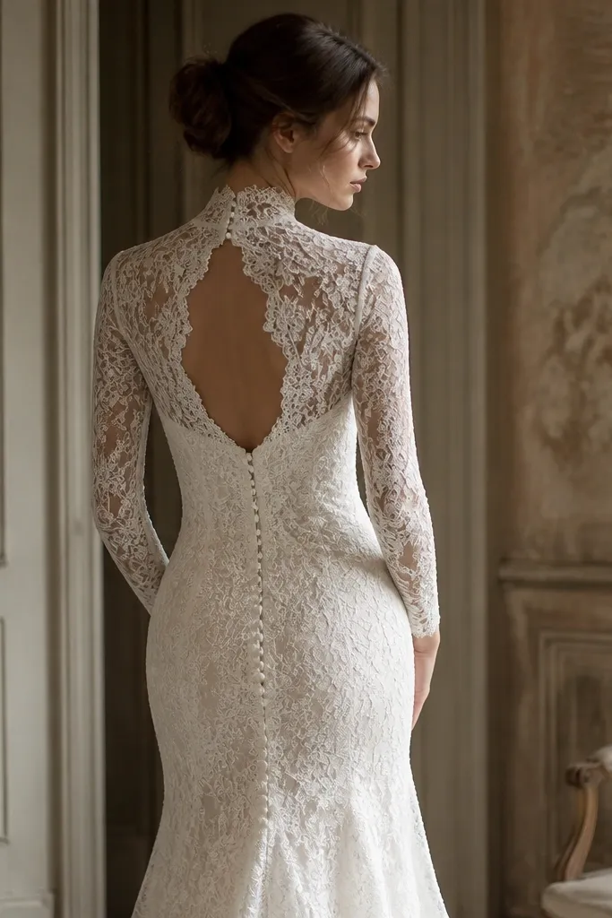 A long sleeve wedding dress in off-white with delicate Chantilly lace all over, a high neckline, and a keyhole cutout at the back framed by lace.