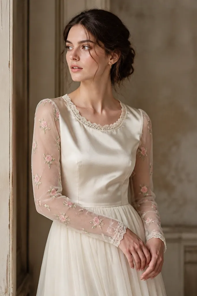 A two-layer look: satin bodice with sheer tulle long sleeves embroidered with tiny rose motifs; the neckline is a soft round shape with lace trim.