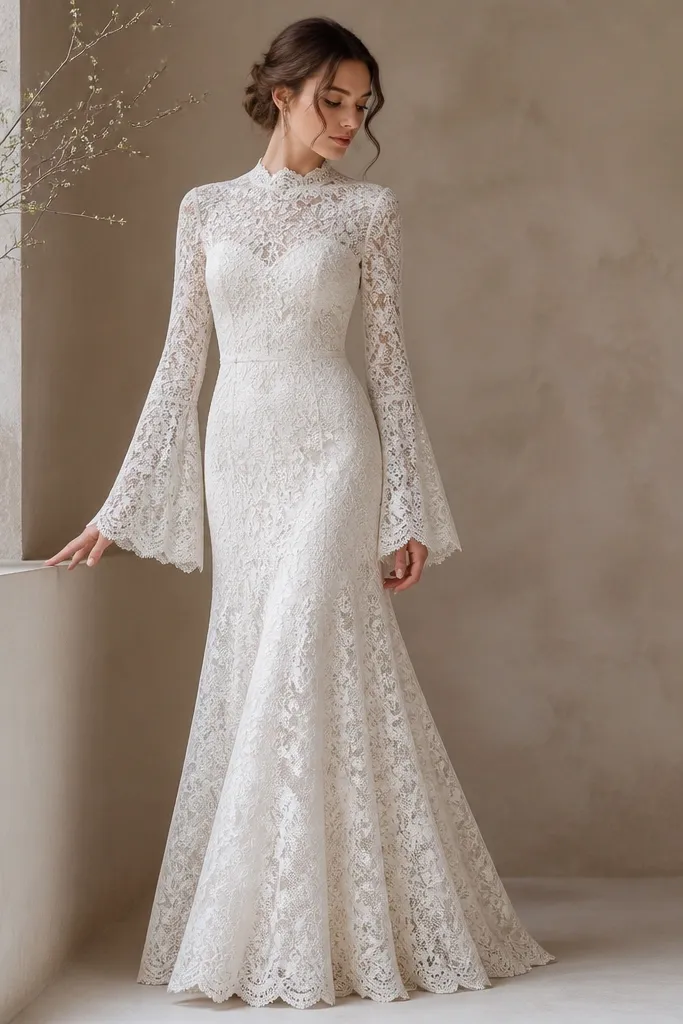 A high-neck long sleeve dress in ivory lace with scalloped edges, bell-shaped sleeves that widen slightly at the wrist, and a fitted waist leading to a softly flared skirt.