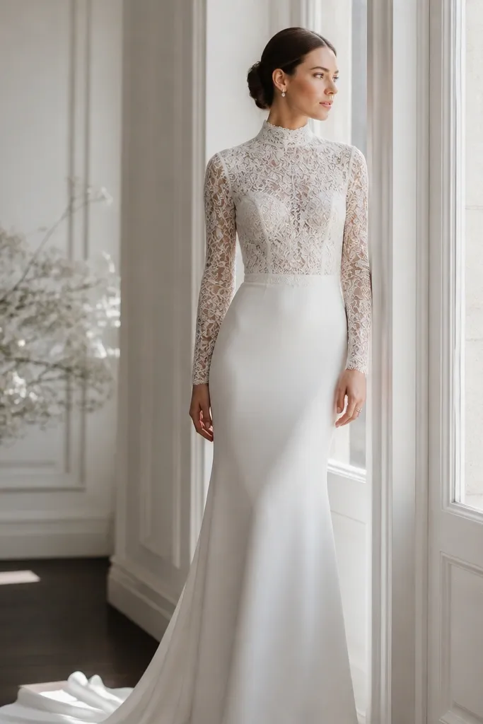 A minimalist wedding dress with a mock neck, long fitted lace sleeves, and a smooth crepe skirt; the lace is only on the sleeves and upper bodice.