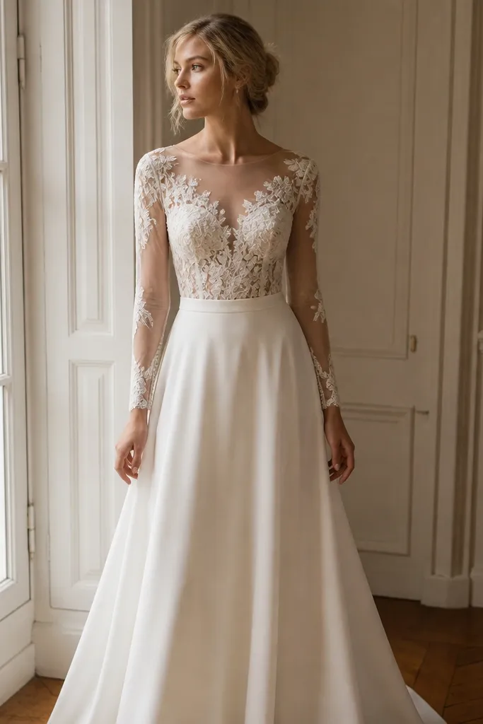 An ivory dress with lace appliqué across the bodice and sheer long sleeves; the cuffs are finished with visible buttons, and the skirt is semi-A-line.