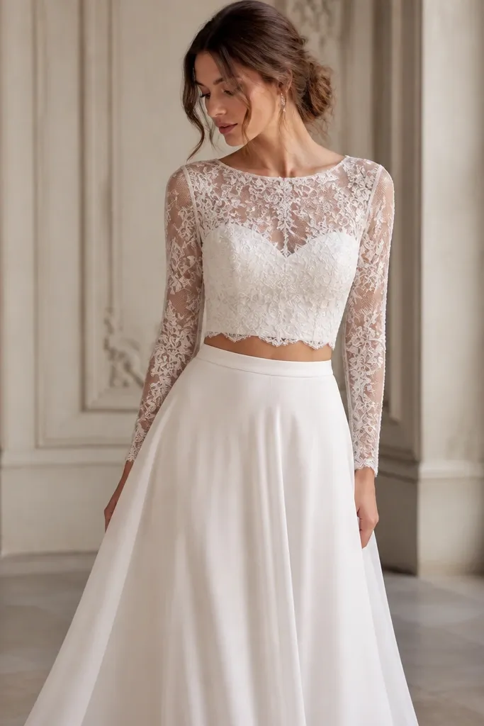 A coordinated two-piece wedding outfit: a long sleeve lace bodice with a fitted waist and a separate skirt with a clean waistband; the sleeves are sheer with floral lace.