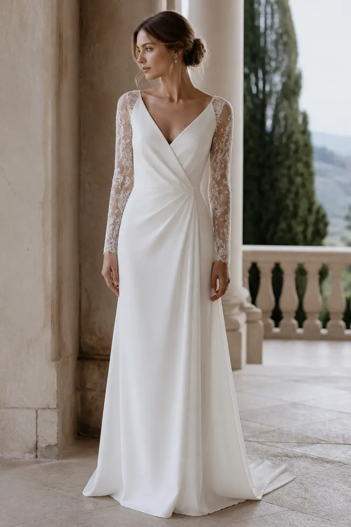 A crepe wedding dress with a wrap-style bodice shape and long sheer lace overlay sleeves; the neckline forms a soft V and the skirt falls straight with a gentle drape.