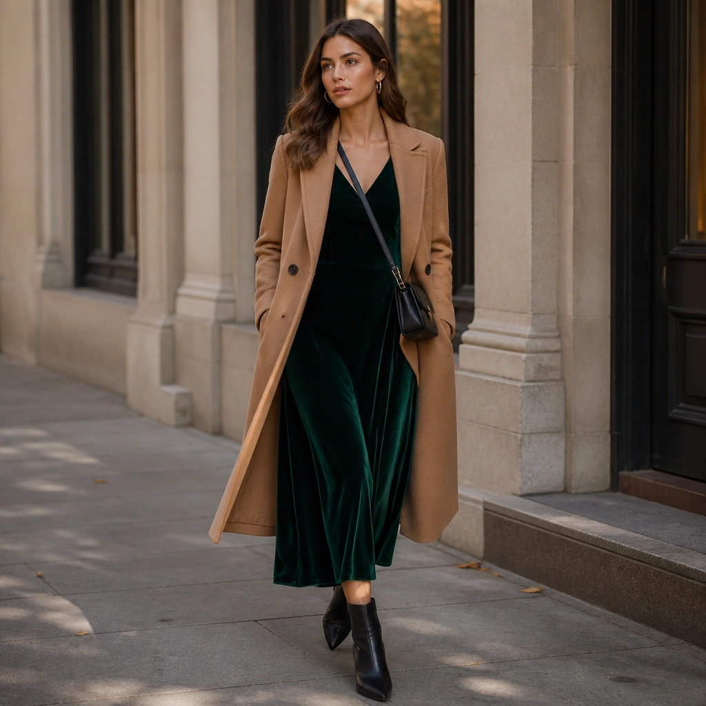 A deep emerald velvet midi dress with a smooth V-neck, paired with a camel tailored wool overcoat and black pointed-toe ankle boots; a small structured crossbody bag and gold hoop earrings complete the look.