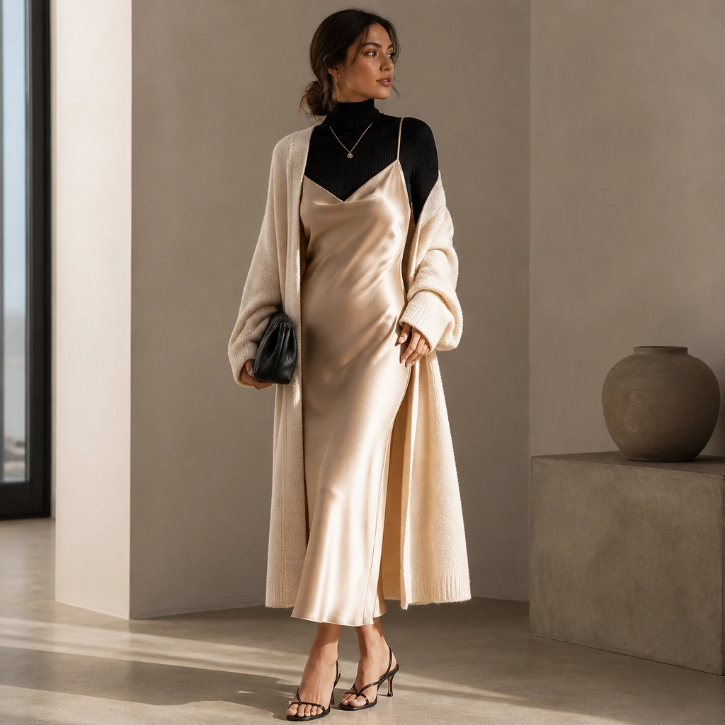A champagne satin slip dress worn over a fitted black ribbed turtleneck, with a long cream wool cardigan and strappy heeled mules; the outfit is styled with a small clutch and delicate necklace.