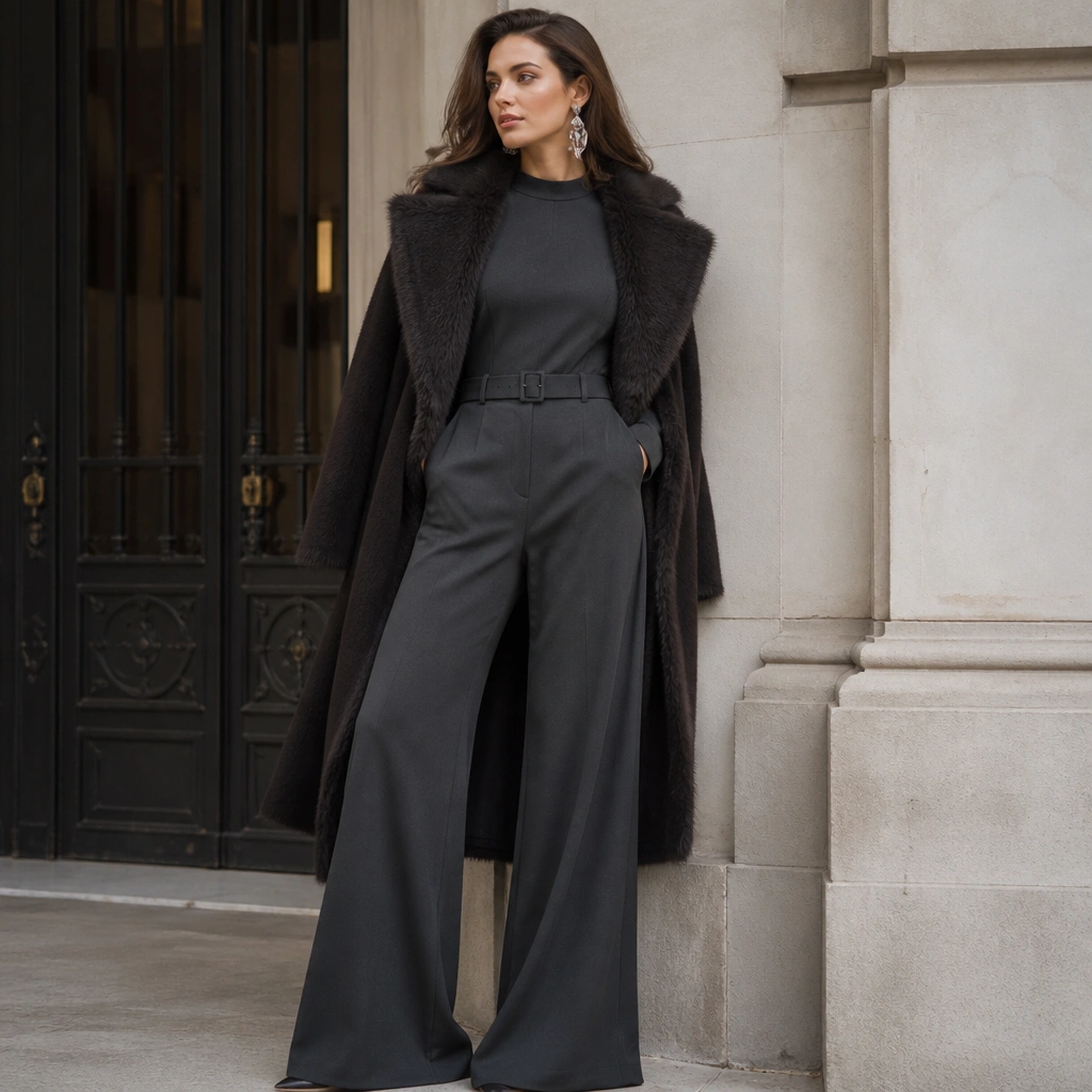 A tailored charcoal wool-crepe jumpsuit with wide-leg trousers, a belt at the waist, long sleeves, and a high neckline; styled with a faux-fur collar coat and oversized silver drop earrings.