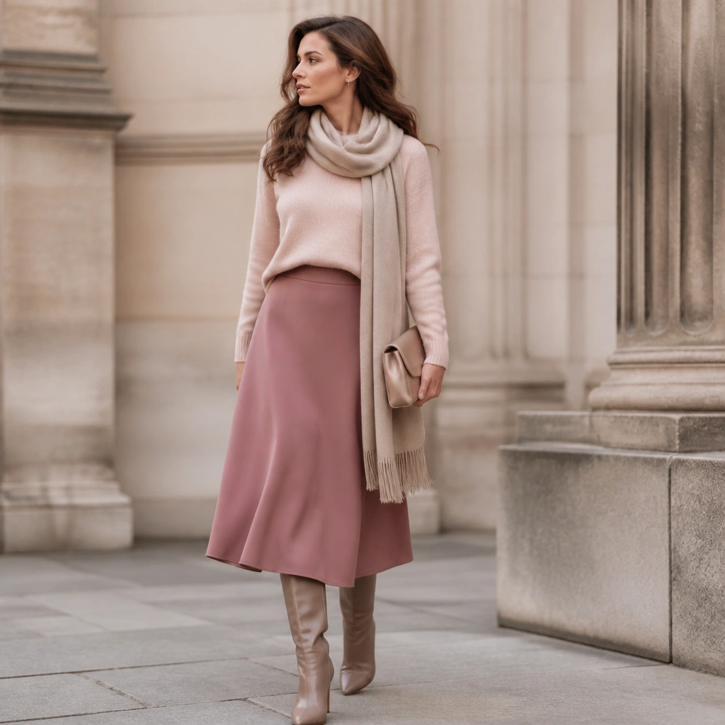 A dusty rose midi skirt with a subtle A-line shape paired with a light blush cashmere-blend sweater; a long oat scarf, knee-high heeled boots, and a satin clutch sit in the styling.