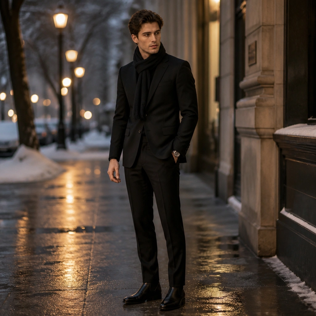 A fitted black suit with a single-breasted jacket and straight trousers; a black silk scarf worn at the neck, paired with leather dress boots and a sleek watch; the background shows winter street lighting.