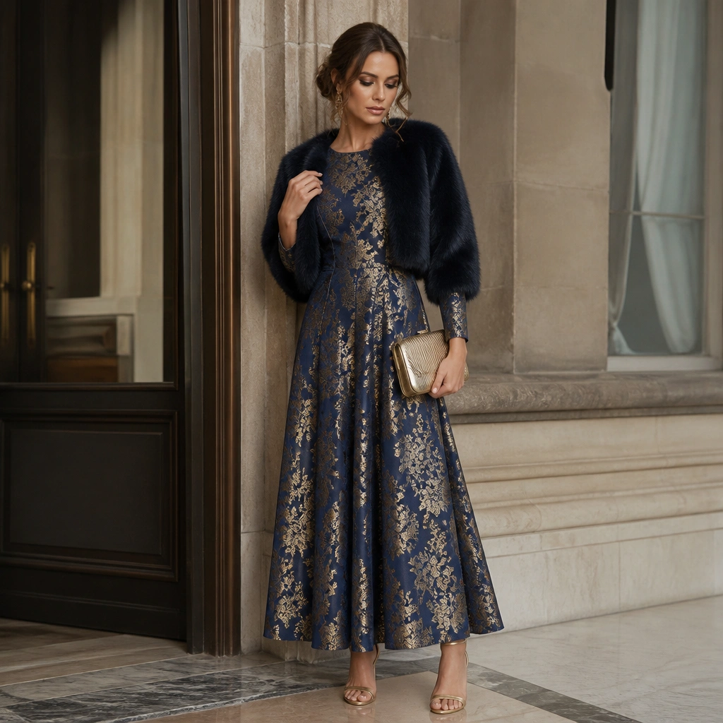A long-sleeve brocade dress in navy with gold floral patterning, styled with a short cropped faux-fur jacket; gold heels, a metallic clutch, and a soft smoky eye complete the look.