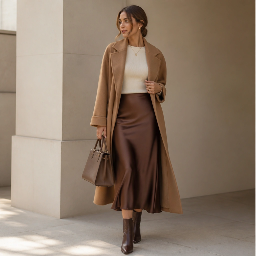 A chocolate brown satin midi skirt with a smooth sheen, paired with a fitted cream knit top; styled with a camel wool wrap coat and sleek ankle boots; a structured handbag and minimal jewelry finish it.