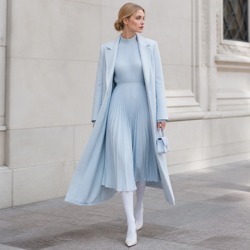 An ice-blue pleated midi dress with long sleeves, paired with a longline matching coat in a slightly lighter blue; white tights, pointed-toe heels, and a pale blue mini bag.