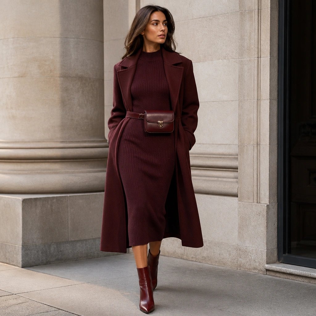 A fitted ribbed knit midi dress in deep burgundy with a high neckline, layered under a belted long overcoat; burgundy leather ankle boots and a structured belt bag complete the outfit.