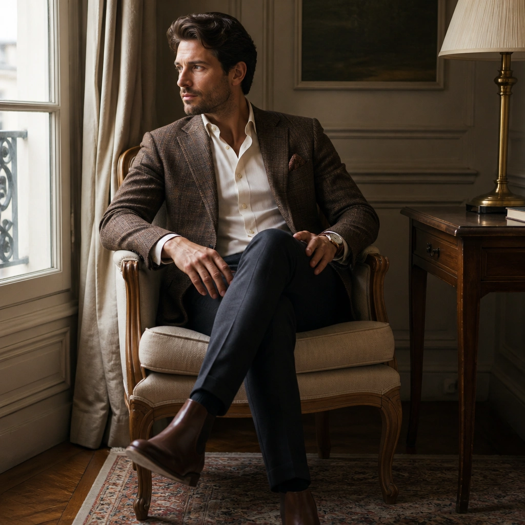 A tweed blazer in warm brown with subtle checks over a satin-look ivory shirt, paired with dark trousers and brown Chelsea boots; a pocket square and watch add detail.