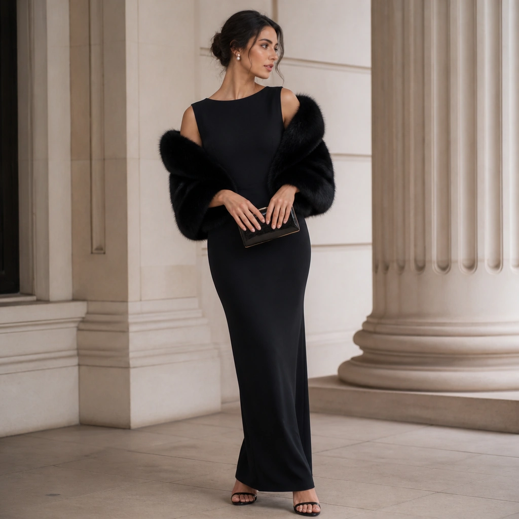 A sleek black column dress with a modest neckline paired with faux-fur wrap sleeves draped over the shoulders; black strappy heels, a glossy clutch, and subtle pearl earrings.