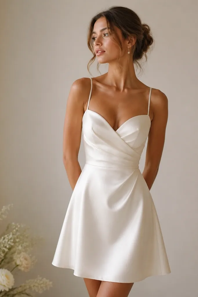A short bridal satin dress in ivory with a sweetheart neckline, thin spaghetti straps, and a subtle A-line fall above the knee; soft studio lighting shows a glossy sheen.
