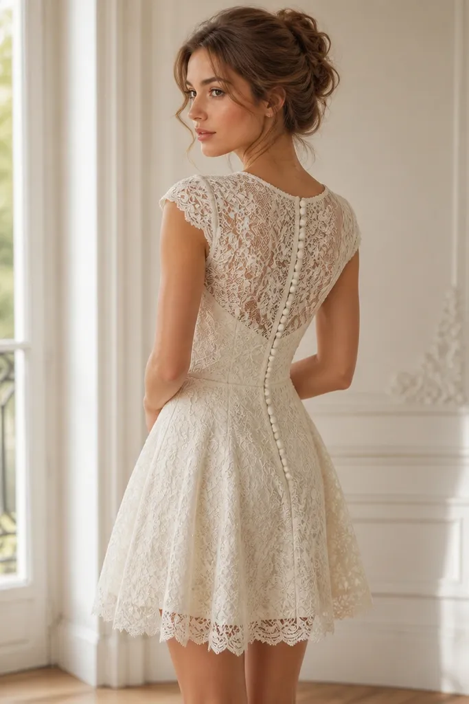 A short ivory lace overlay dress with a fitted silhouette, scalloped lace edges, and small buttons down the back; the skirt is slightly flared above the knee.