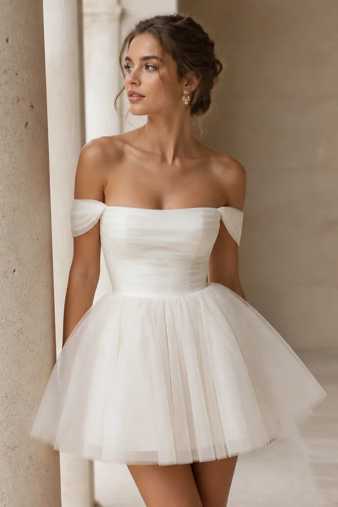 A short off-shoulder ivory dress with a fitted, lined bodice and a fluffy tulle skirt that starts at the waist; the hem sits mid-thigh.