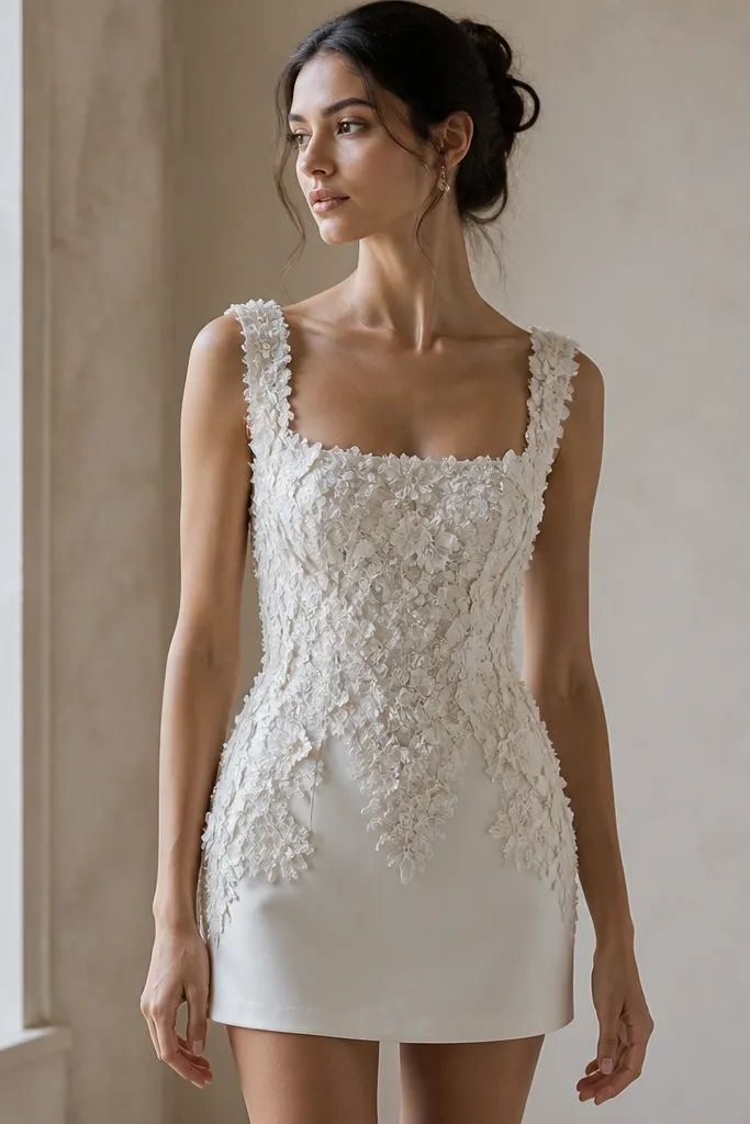 A short wedding mini with dense floral appliqué across the bodice, a square neckline, and a minimal skirt base; color is ivory with soft beige undertones in the lace.