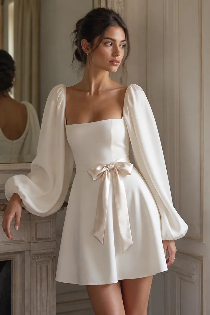 An ivory mini dress with dramatic bishop sleeves, a fitted bodice, and a satin ribbon tied at the waist; the skirt falls in a gentle A-line above the knee.