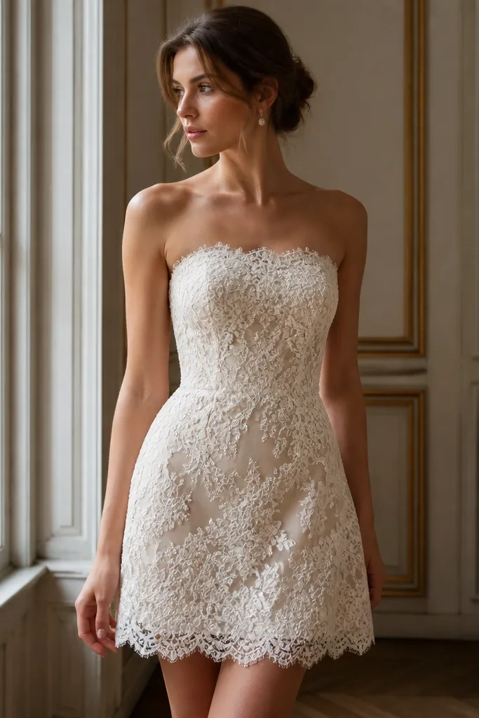 A short wedding mini with ivory lace overlay on top of a champagne satin base; the color contrast is subtle and the hem is above the knee.