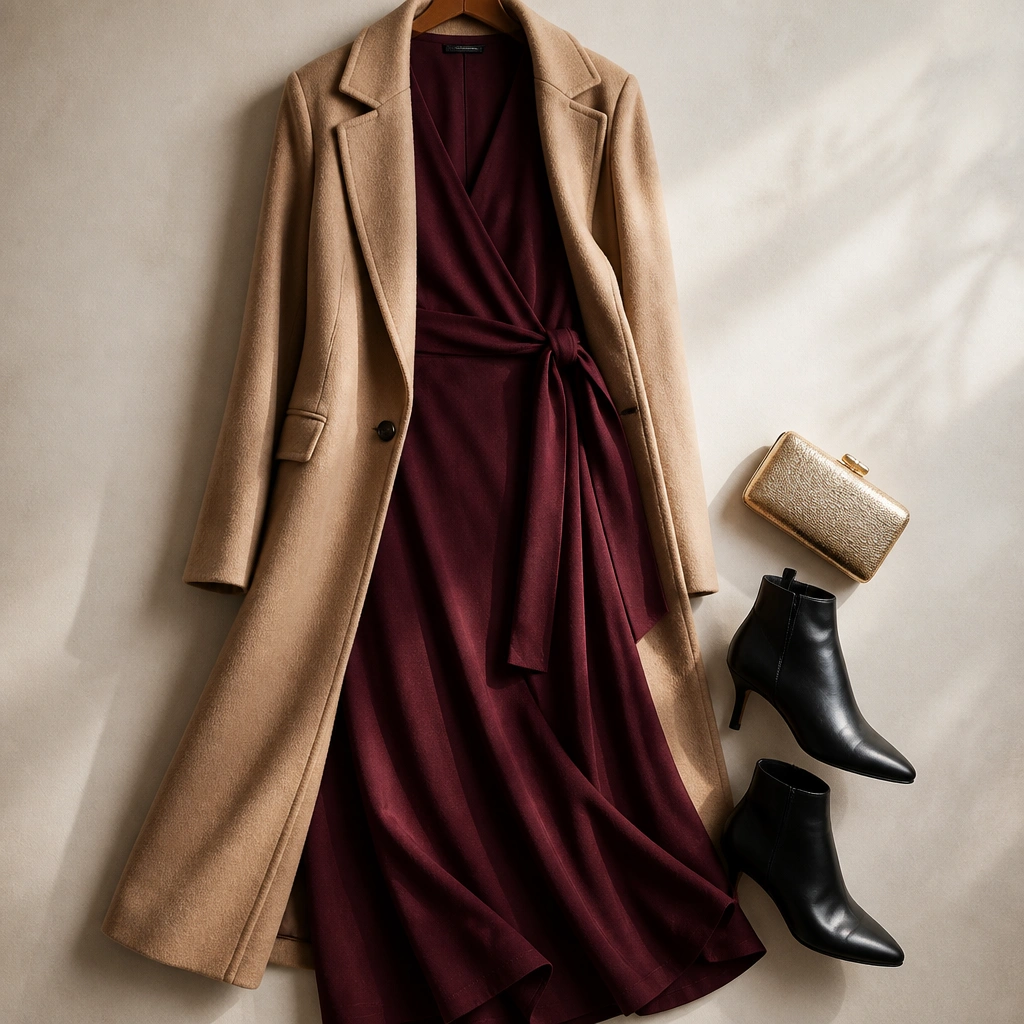 A deep burgundy wrap dress with a V-neck and tie waist, styled with a long camel wool-blend overcoat; black ankle boots and a small gold clutch sit beside it.