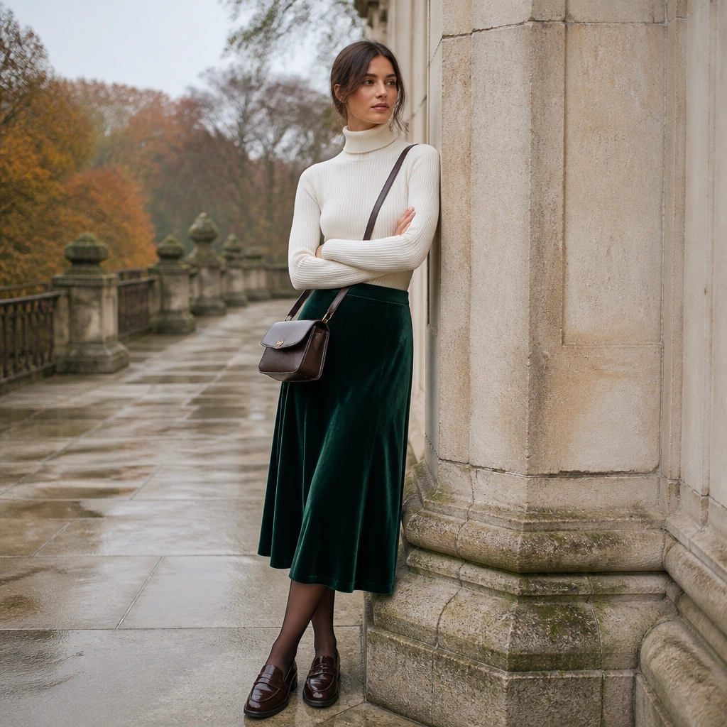 A forest green velvet midi skirt paired with a cream ribbed turtleneck sweater; sheer tights, dark loafers, and a structured crossbody bag complete the outfit.
