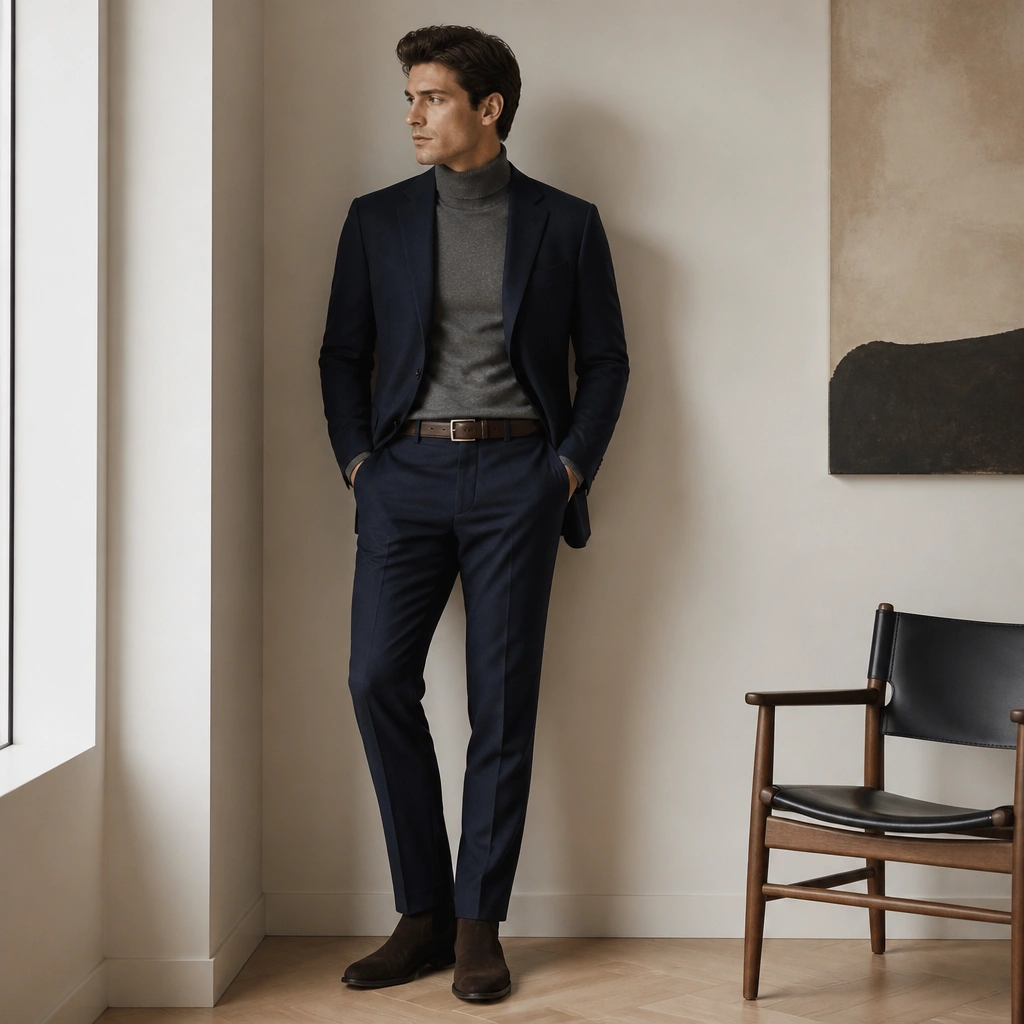 A navy tailored blazer and matching trousers with a slate gray turtleneck underneath; brown leather belt and dark suede Chelsea boots are shown.