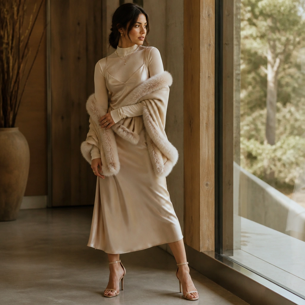 A champagne slip dress with thin straps over a long-sleeve base layer; a soft faux-fur trimmed wrap sits across the shoulders, with strappy heels in a warm nude tone.