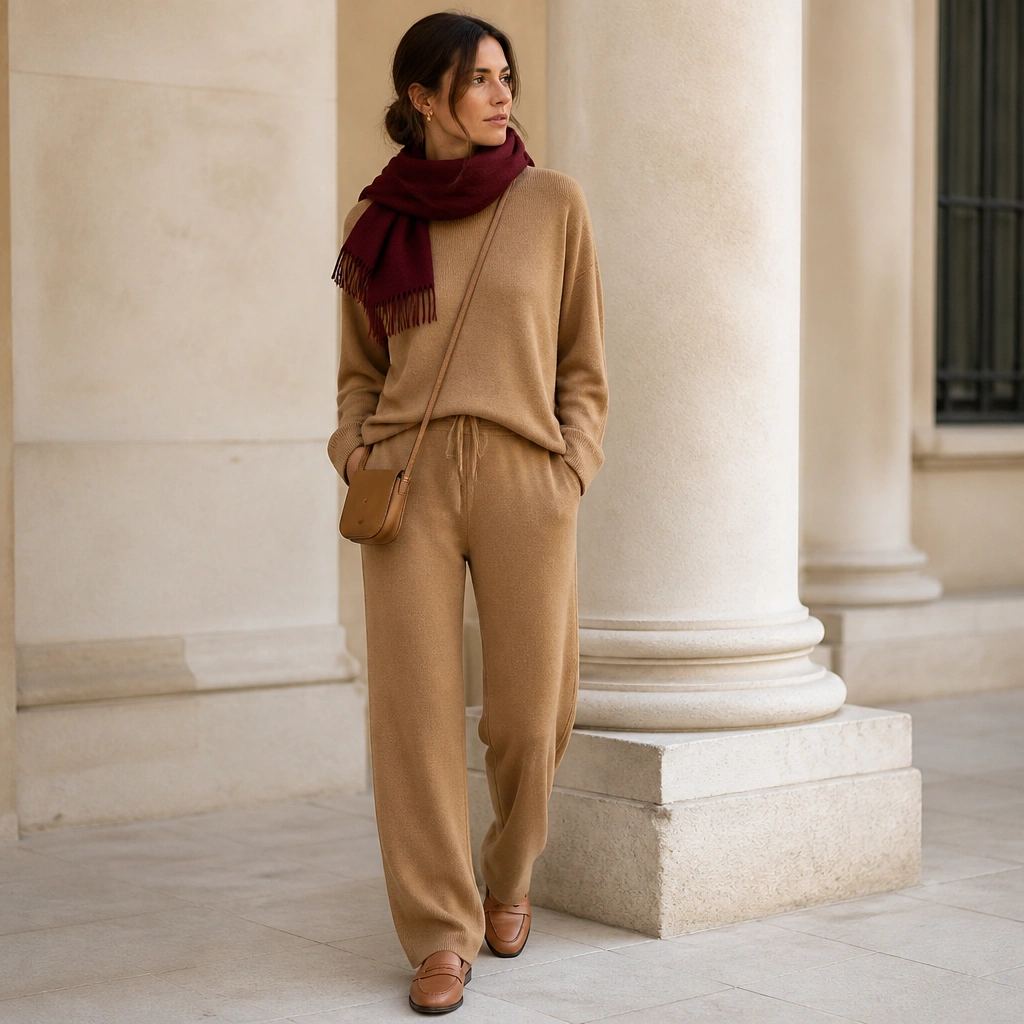 A camel knit top paired with matching knit trousers, styled with a burgundy scarf and tan leather loafers; a minimal crossbody bag completes the look.
