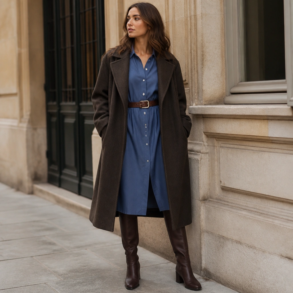 A slate blue shirt dress with buttons down the front, cinched with a belt at the waist; knee-high boots in dark brown and a long coat layered on top are shown.