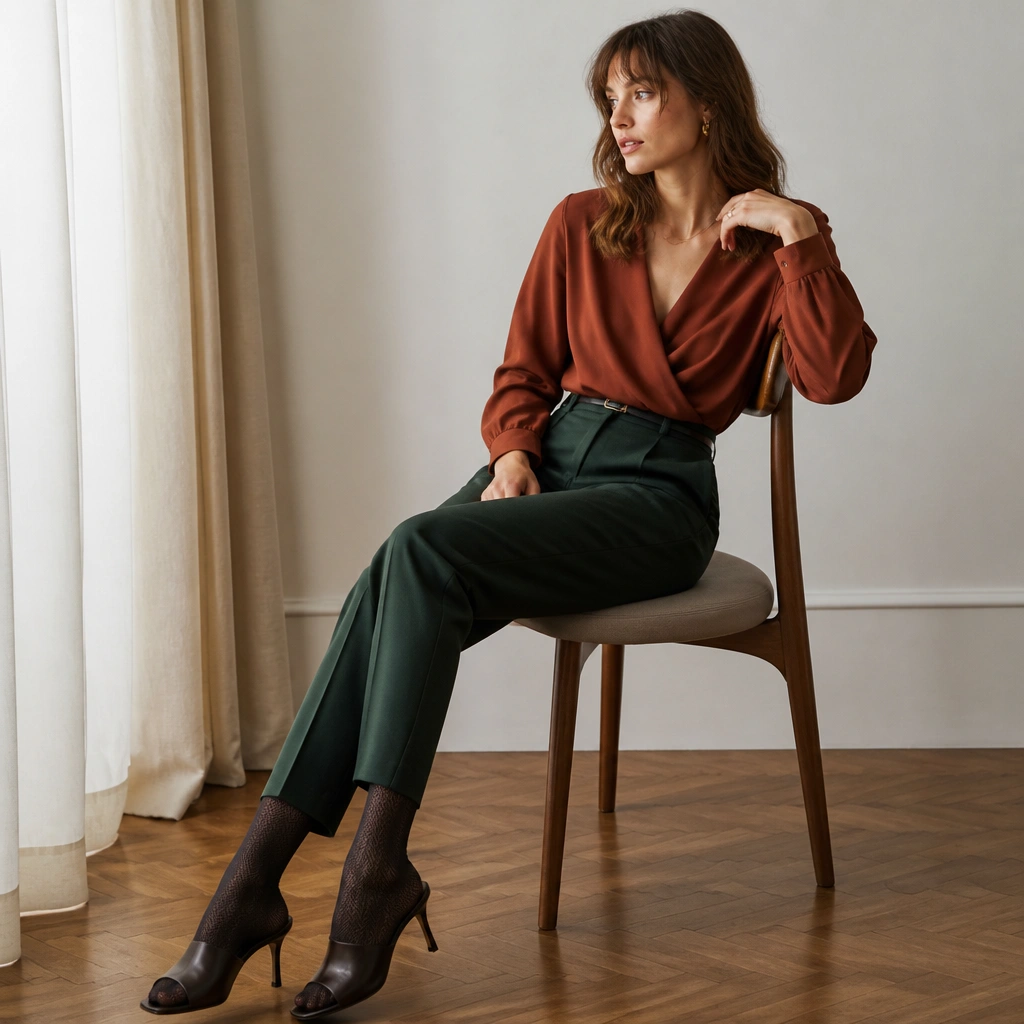 A rust-colored wrap blouse tucked into dark green tailored trousers; a thin belt, patterned tights, and dark heeled mules are visible.