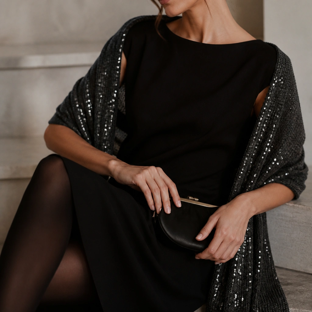 A simple black midi dress with a charcoal sequin scarf draped over the shoulders; black tights and a small clutch are shown in a close-up styled shot.