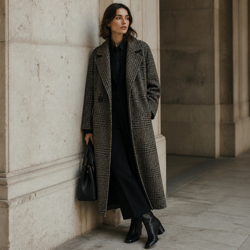 A plaid wool-blend long coat layered over a dark solid outfit; the image shows minimal accessories, a structured bag, and dark boots under the hem.