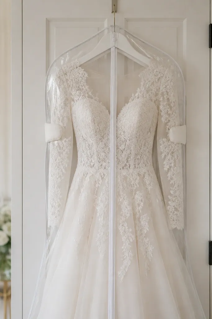 A long sleeve wedding dress hung on an over-the-door hook with a clear garment bag zipped around the bodice; small padded clips hold each sleeve flat against the bag.