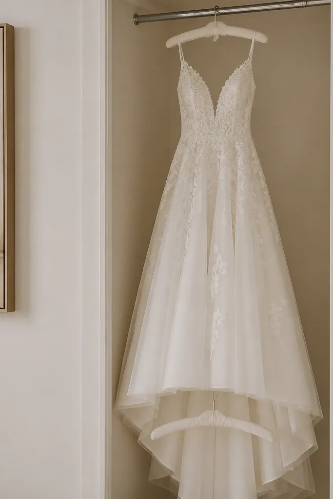 A padded hanger in a slim closet rail with the wedding dress hung with the skirt slightly lifted off the rail using a second hanger as a spacer.