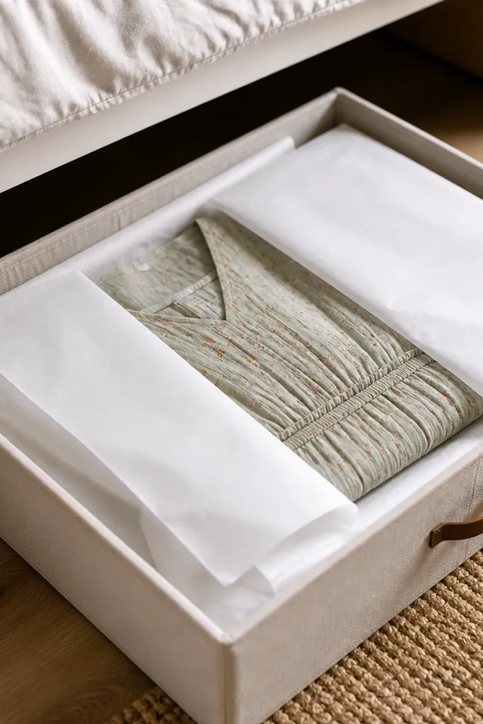 A low under-bed storage box with tissue paper sheets; the dress is folded with sleeves sandwiched between two layers of acid-free tissue.