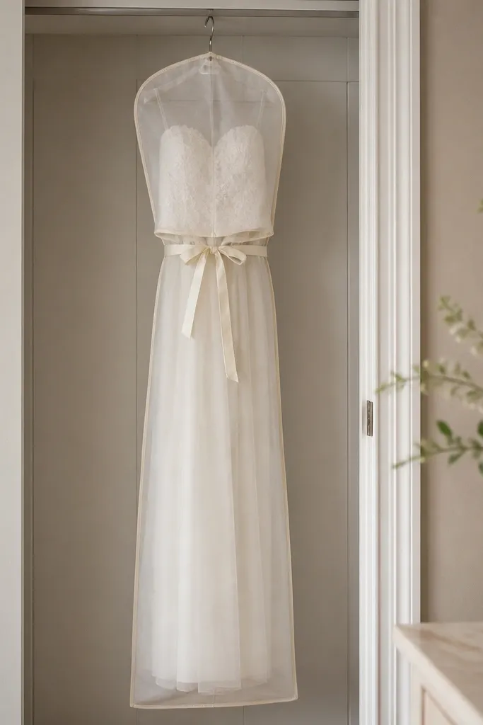 A tall, narrow garment bag on a closet hook with the bodice area rolled slightly upward while the skirt hangs straight; a ribbon ties the waist section in place.