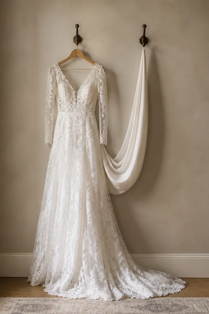 The wedding dress hung on one hook, with a second hook holding a light fabric sling under the skirt so it doesn’t pull on the sleeves.