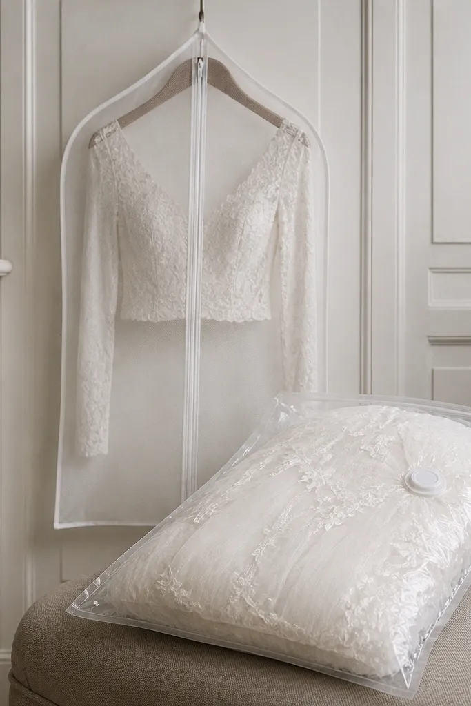 A vacuum-seal bag containing only the skirt portion of a long sleeve wedding dress, while the bodice sits in a breathable cover on a hanger.