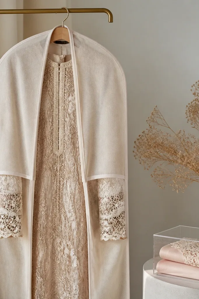 A breathable cotton garment cover over the dress with the cuff area kept open; a small clear shoebox holds folded cuff fabric and delicate lace pieces.
