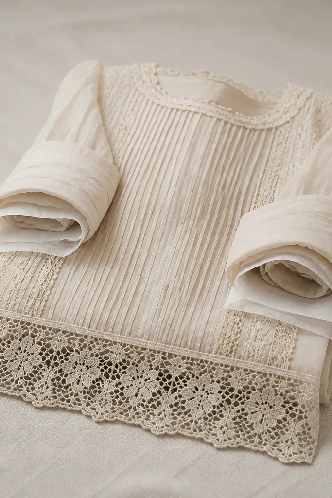 The dress folded with sleeves rolled gently; between each roll is a thin sheet of tissue, and the lace looks separated from the main fabric.