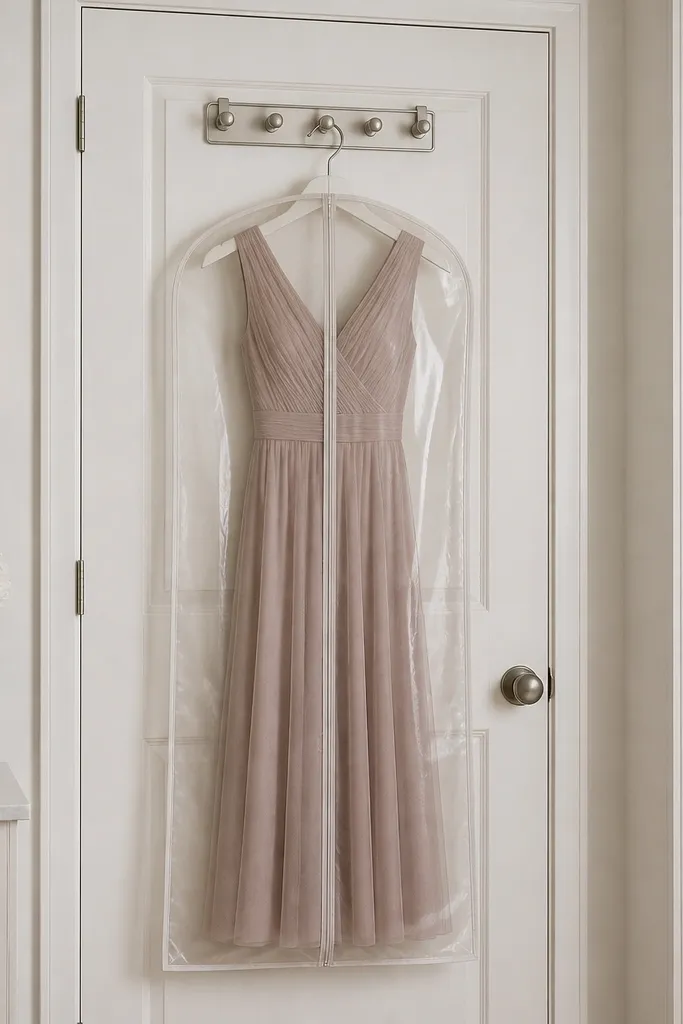 A compact hook rack mounted inside a closet door with the dress on a hanger; the door is closed and the garment bag stays dust-free.
