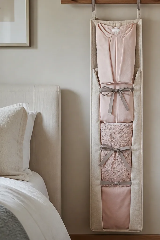 A vertical fabric storage panel system beside a bed, with the dress folded into a narrow column and secured with ties; sleeves are flattened on top.