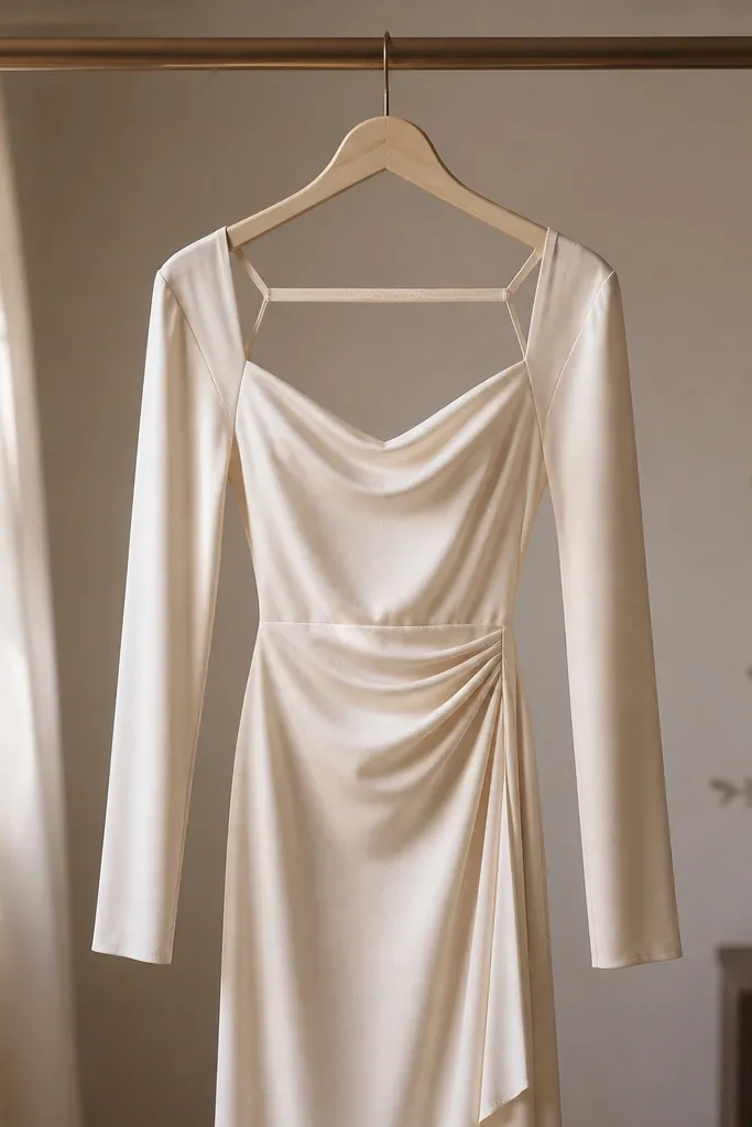 A hanger with a soft under-arm support strap holding the dress so the neckline stays centered; the long sleeves hang evenly on both sides.