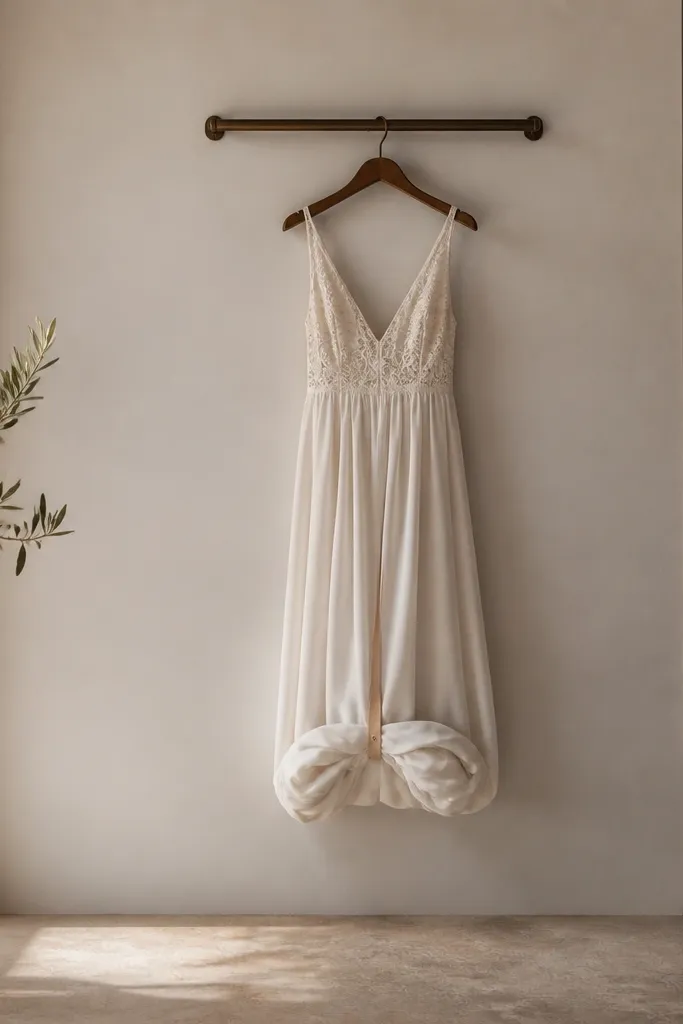 A narrow wall-mounted rail with the dress hung; the skirt is rolled once and held with a soft strap so it doesn’t drag on the floor.